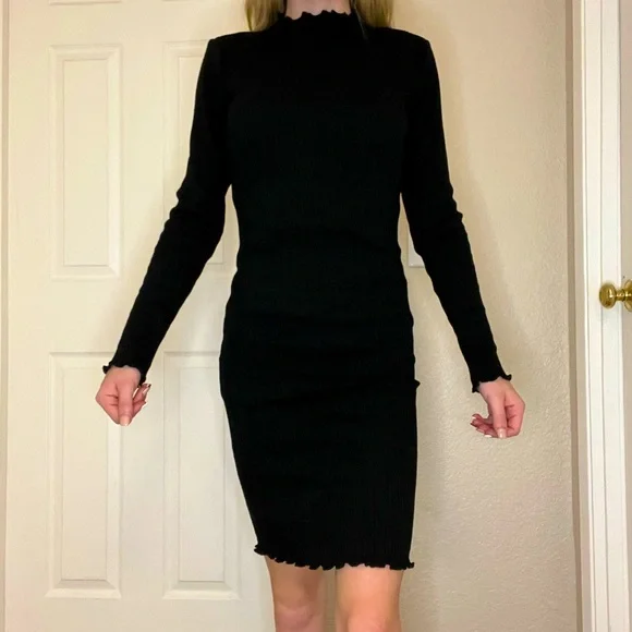 chinese dress ladies Ribbed Knit Midi Sweater Dress Black / XXL main image 0